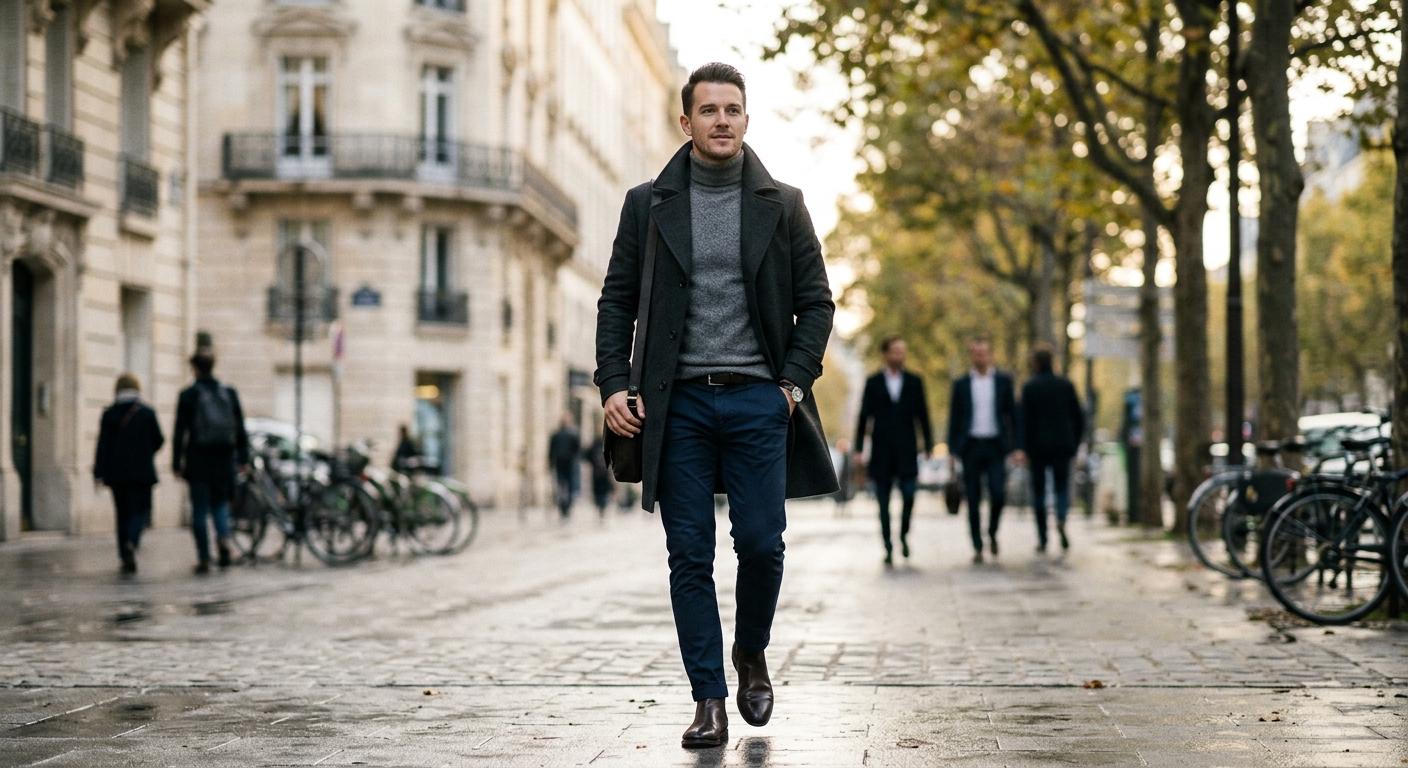 Mann im dunklen Wollmantel mit Rollkragenpullover auf einem Boulevard im Herbst