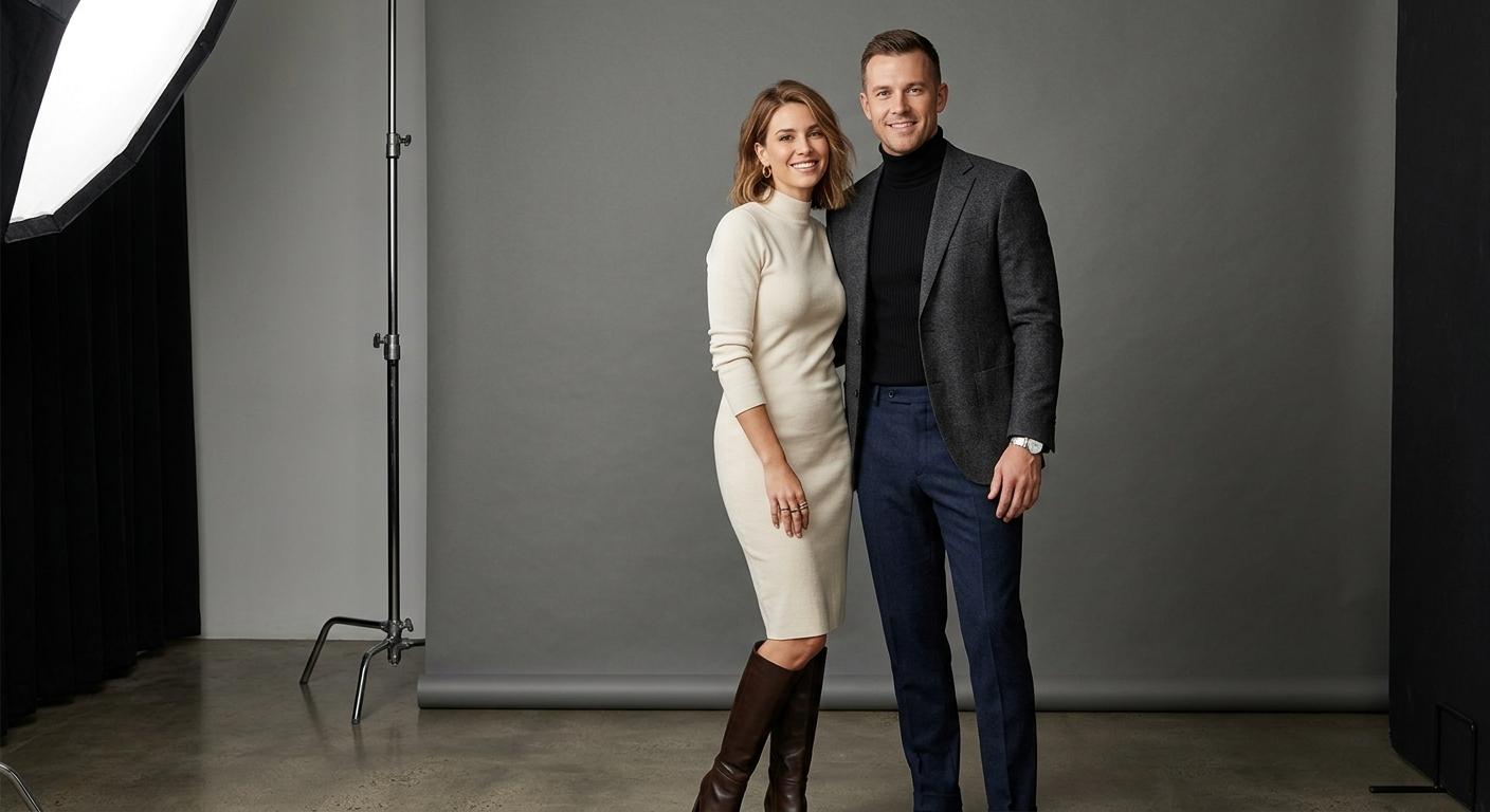 Paar im Fotostudio vor grauem Hintergrund, sie im cremefarbenen Strickkleid, er im Sakko mit Rollkragen