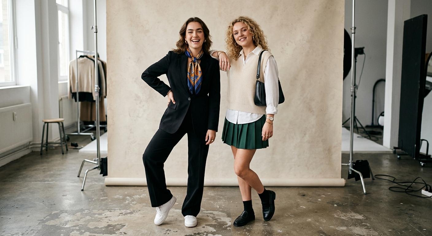 Zwei junge Frauen lachend im Fotostudio, eine im schwarzen Hosenanzug mit Seidentuch, eine mit Pullunder und grünem Faltenrock