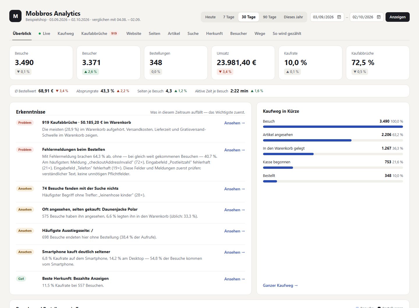 Der Überblick von Zevbros Analytics: Besuche, Bestellungen, Umsatz, Kaufrate und Kaufabbrüche mit Vergleich zum Vormonat, darunter die Erkenntnisse in Klartext.