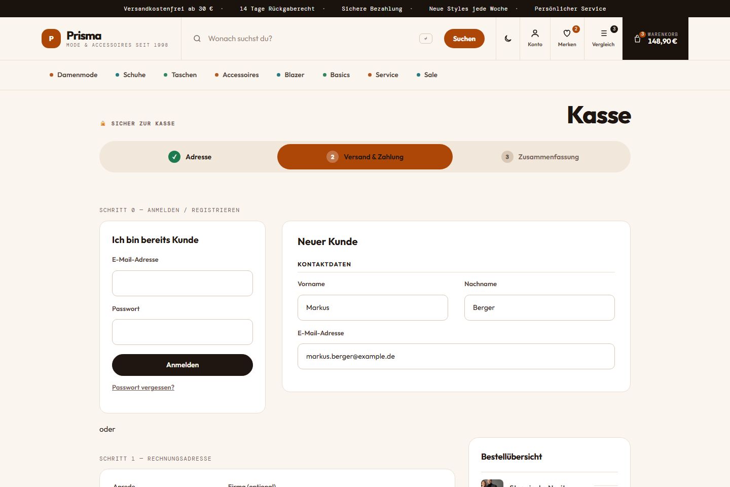 Prisma-Kasse mit Schrittleiste, Anmeldung und Kontaktdaten für Neukunden.