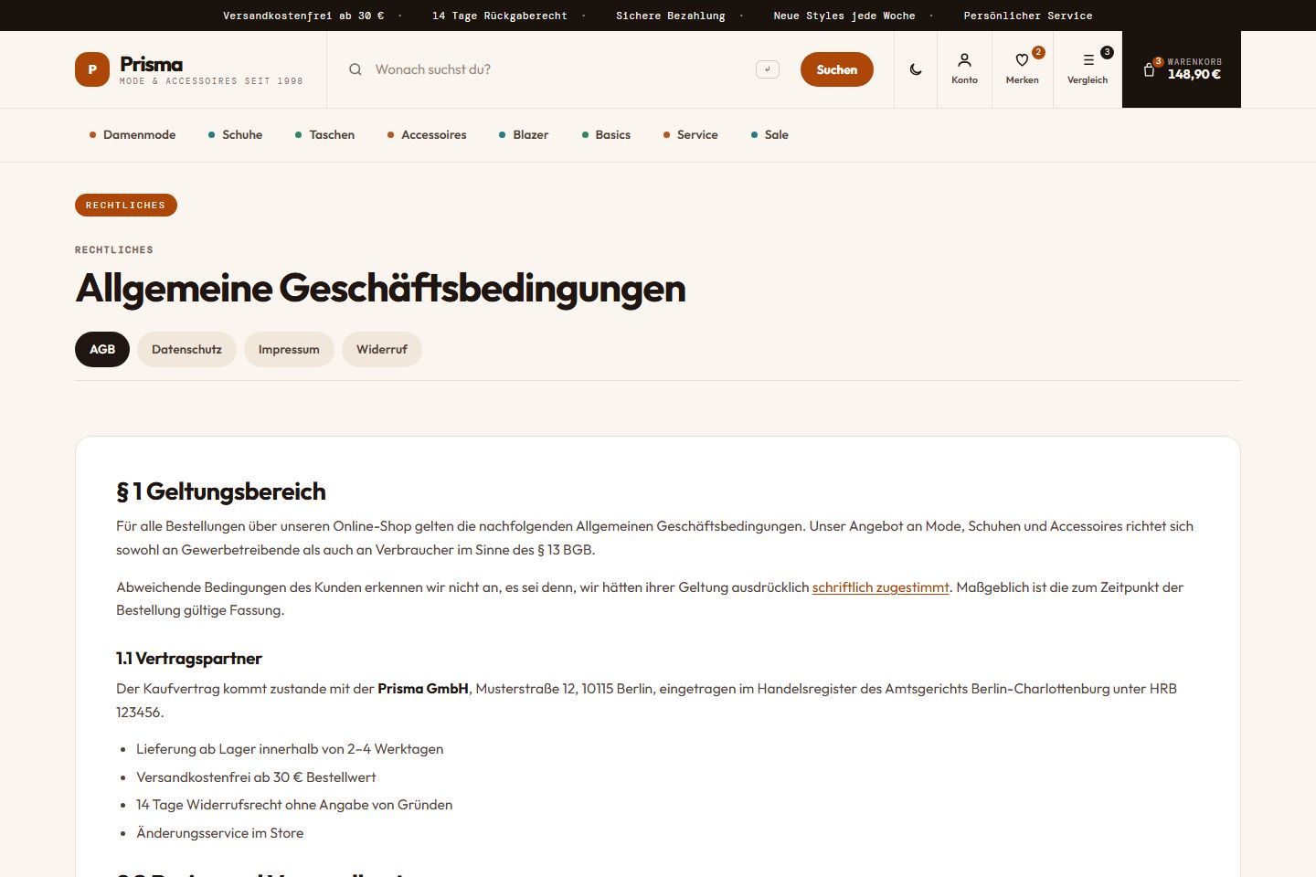 Prisma-Inhaltsseite mit den Allgemeinen Geschäftsbedingungen und Reitern für Datenschutz, Impressum und Widerruf.