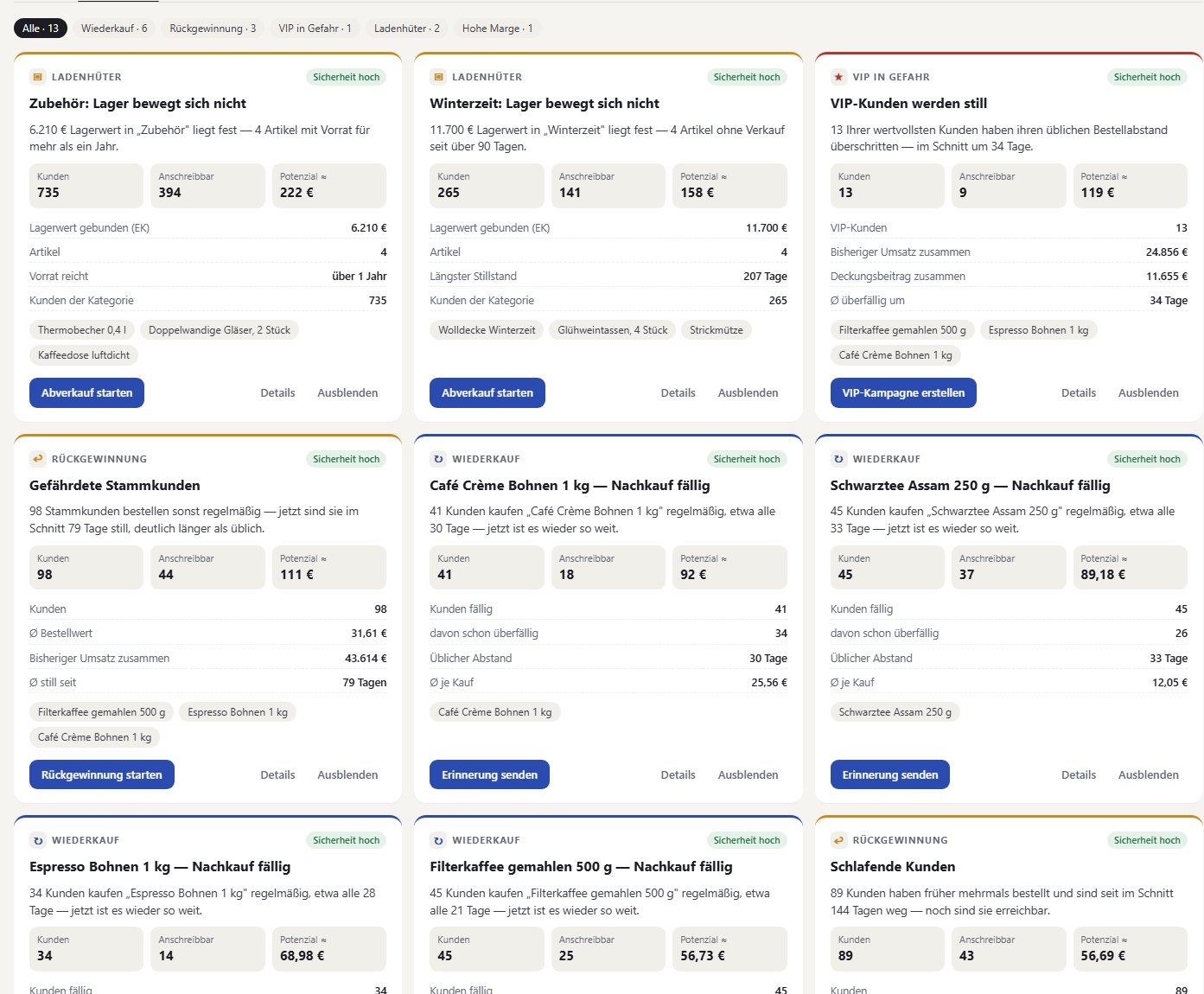 Die Chancen als Karten: Lager, das sich nicht bewegt, VIP-Kunden, die still werden, Stammkunden, die überfällig sind, Nachkauf fälliger Artikel — jede mit Grund, Zahl der Kunden und Potenzial.