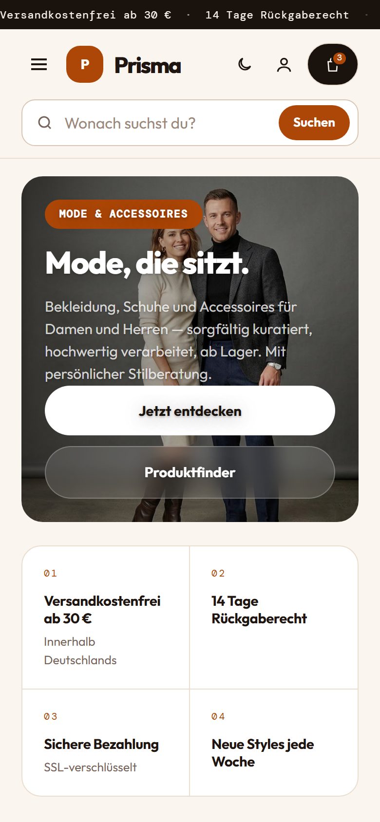 Prisma auf dem Telefon, dieselbe Startseite einspaltig.